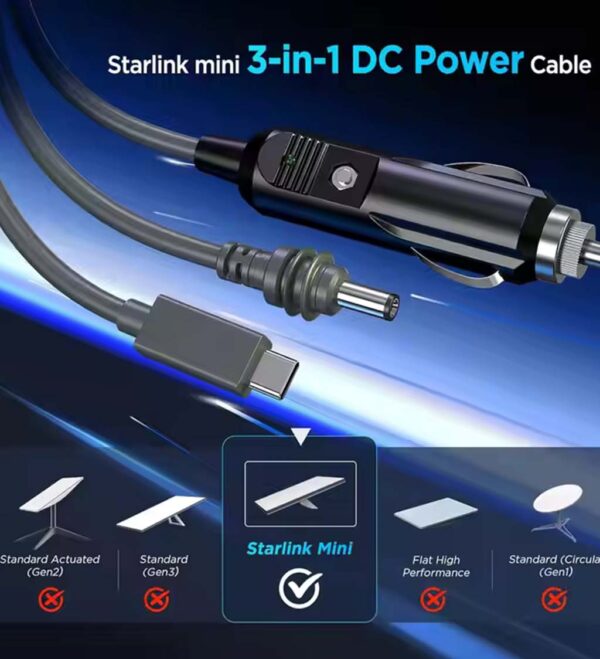 Starlink Mini 100W 3-in-1 Power Cord 3M/5M Car Charger + DC + Type C to DC - Image 3